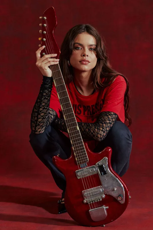 Kevin Licorice Long Sleeve – Sheer Lace Knit Top in Black sold by Chaser