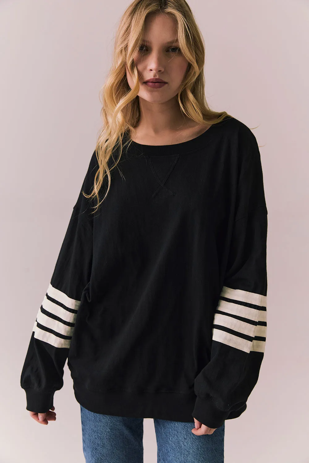 Pomona Long Sleeve – Black and White Stripe Top with Gigot Sleeves sold by Chaser