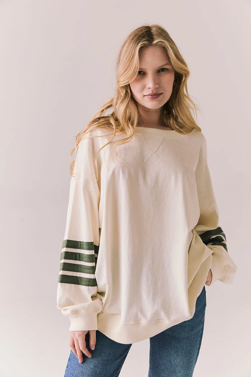 Pomona Long Sleeve – Starry White Top with Bronze Green Stripes sold by Chaser product image thumbnail 3