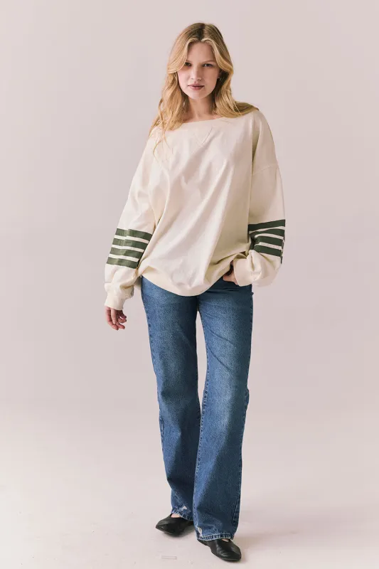 Pomona Long Sleeve – Starry White Top with Bronze Green Stripes sold by Chaser
