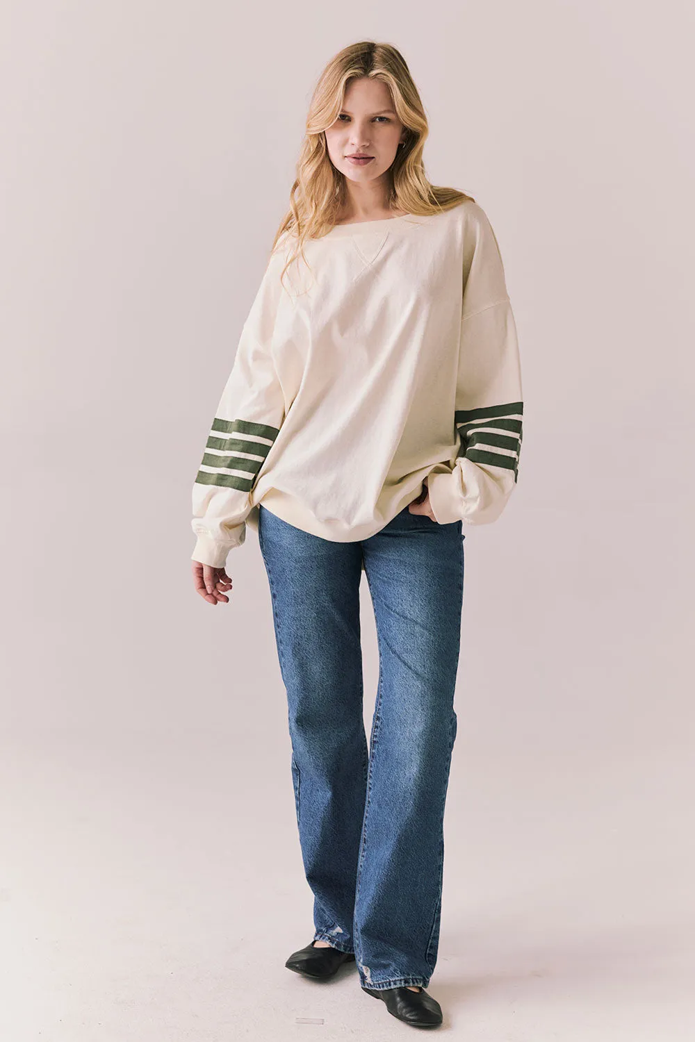 Pomona Long Sleeve – Starry White Top with Bronze Green Stripes sold by Chaser