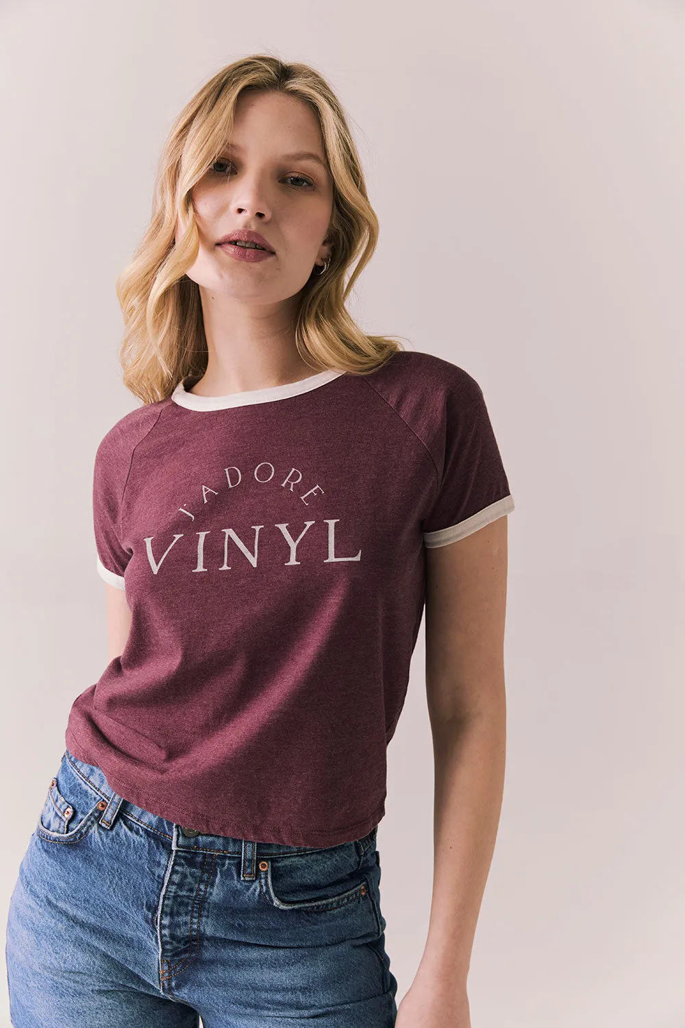 J’adore Vinyl Tee – Ringer Graphic Tee in Fig sold by Chaser product image thumbnail 5