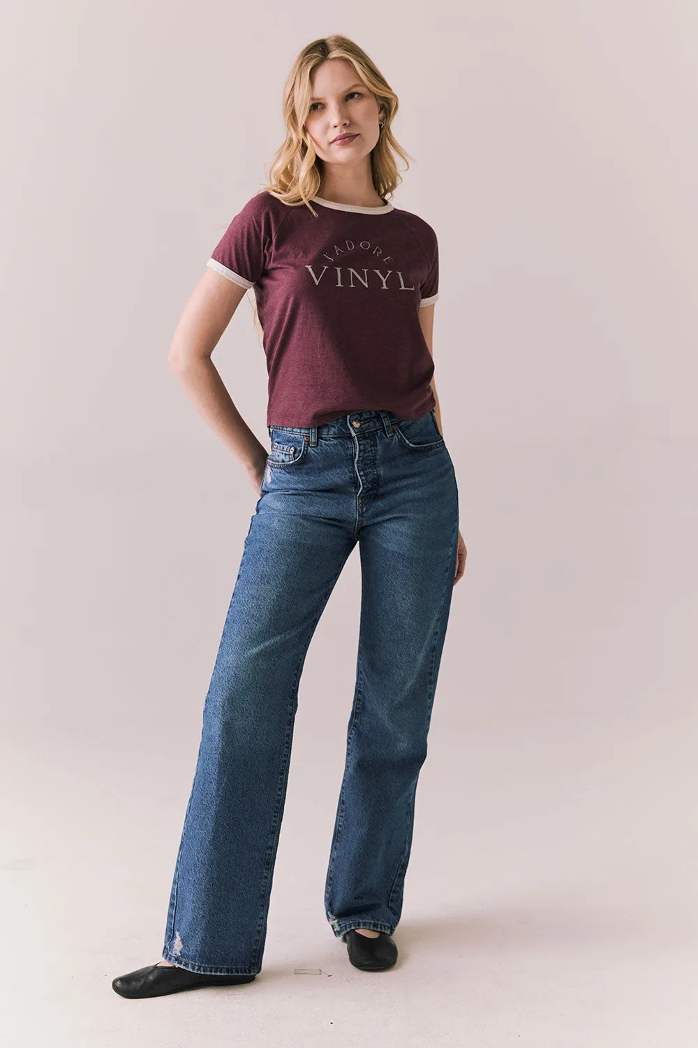 J’adore Vinyl Tee – Ringer Graphic Tee in Fig sold by Chaser