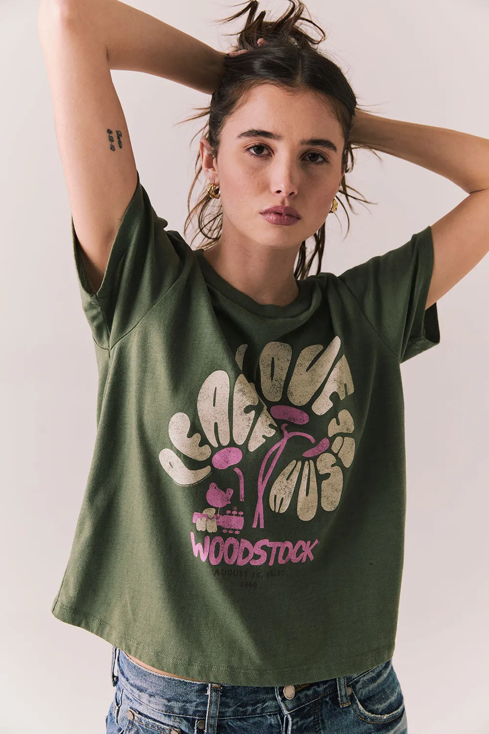 Woodstock Festival Flower Tee – Psychedelic Floral Graphic Top in Bronze Green sold by Chaser product image thumbnail 5