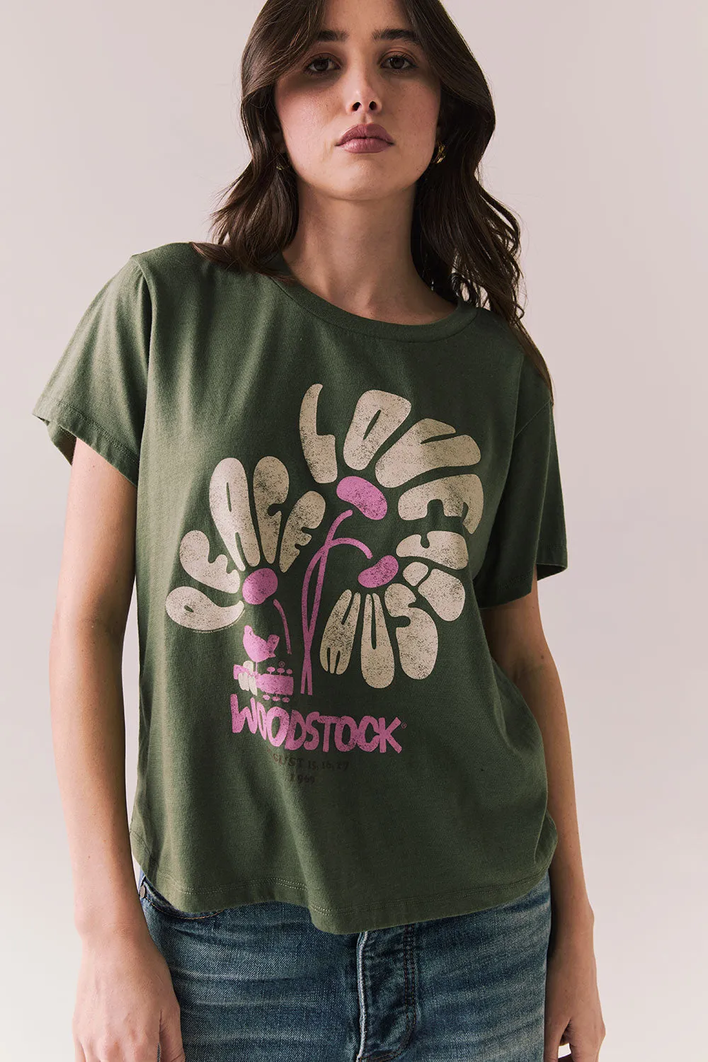 Woodstock Festival Flower Tee – Psychedelic Floral Graphic Top in Bronze Green sold by Chaser product image thumbnail 2