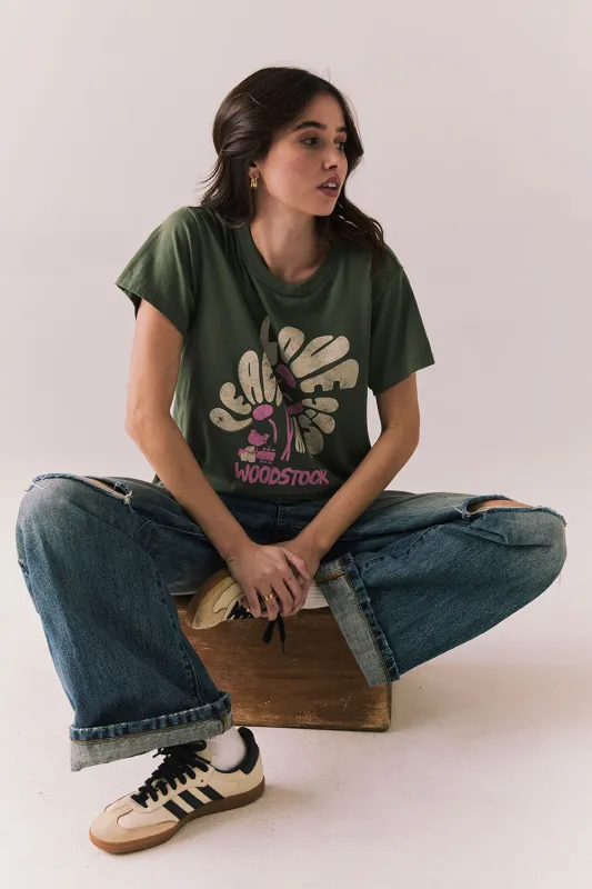 Woodstock Festival Flower Tee – Psychedelic Floral Graphic Top in Bronze Green sold by Chaser