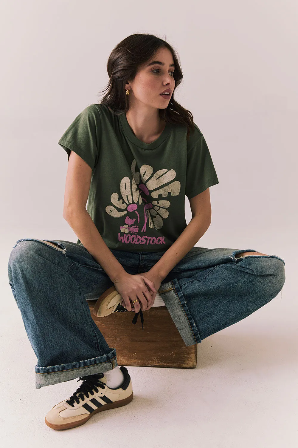 Woodstock Festival Flower Tee – Psychedelic Floral Graphic Top in Bronze Green sold by Chaser