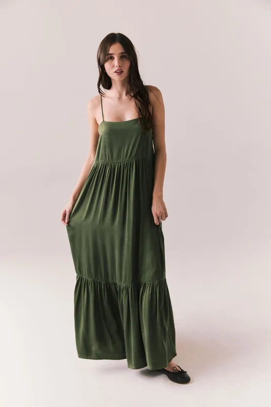 Berkeley Maxi – Flowy Silky Dress in Green sold by Chaser
