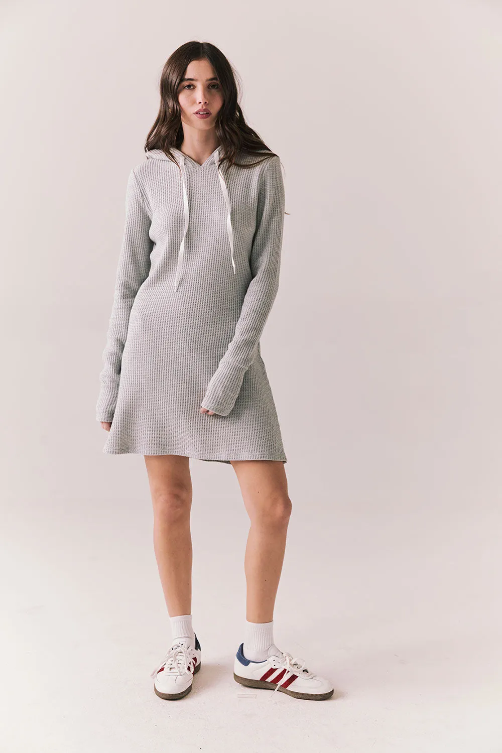 Merced Hoodie Dress – Thermal Knit Mini in Heather Grey sold by Chaser
