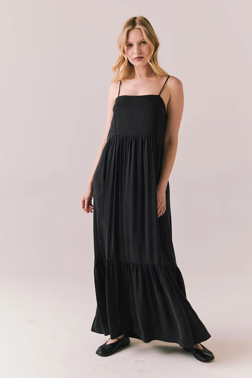 Berkeley Maxi – Silky Twill Dress in True Black sold by Chaser product image thumbnail 3