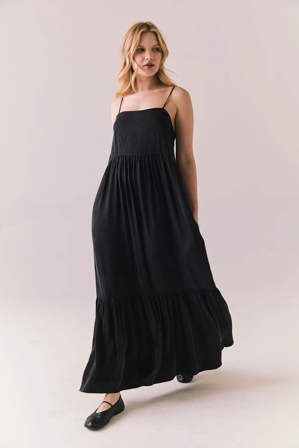 Berkeley Maxi – Silky Twill Dress in True Black sold by Chaser product image thumbnail 4