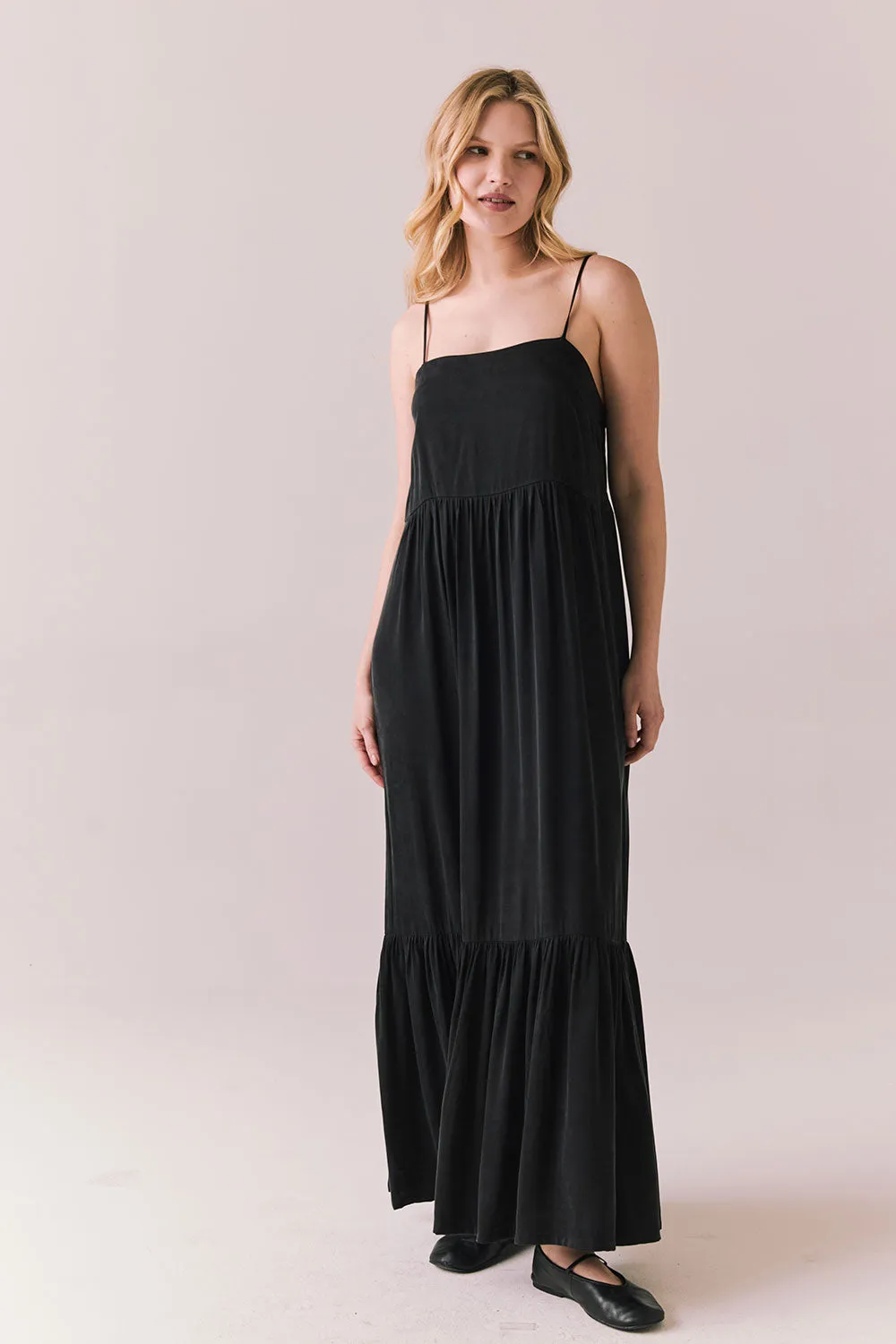 Berkeley Maxi – Silky Twill Dress in True Black sold by Chaser