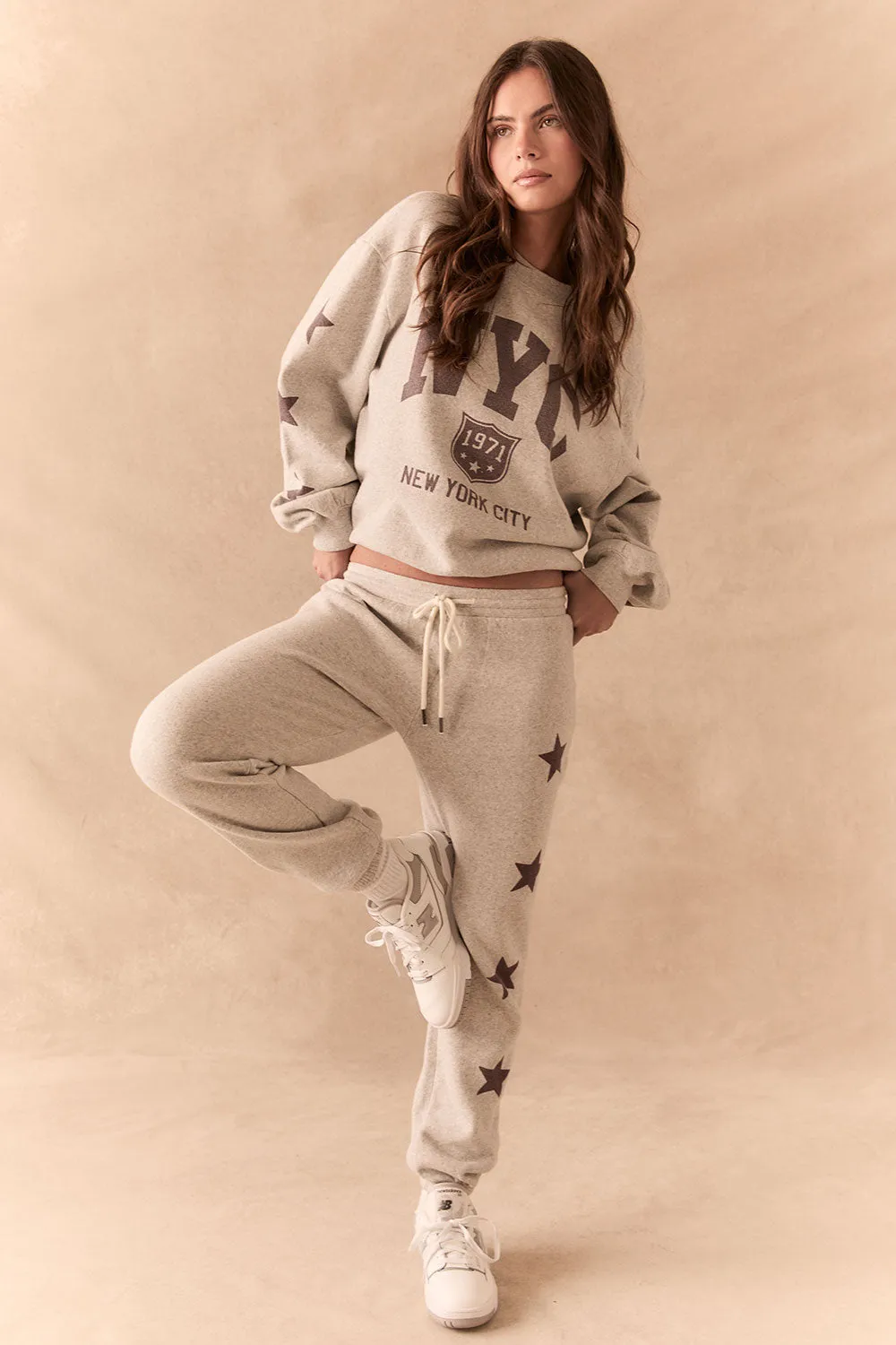 NYC Stars Joggers – Heather Grey Star Print Cotton Fleece Pants sold by Chaser