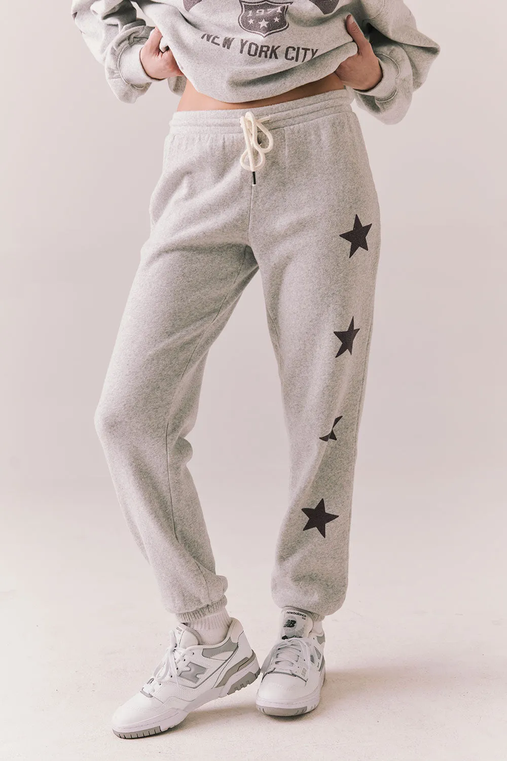 NYC Stars Joggers – Heather Grey Star Print Cotton Fleece Pants sold by Chaser product image thumbnail 4