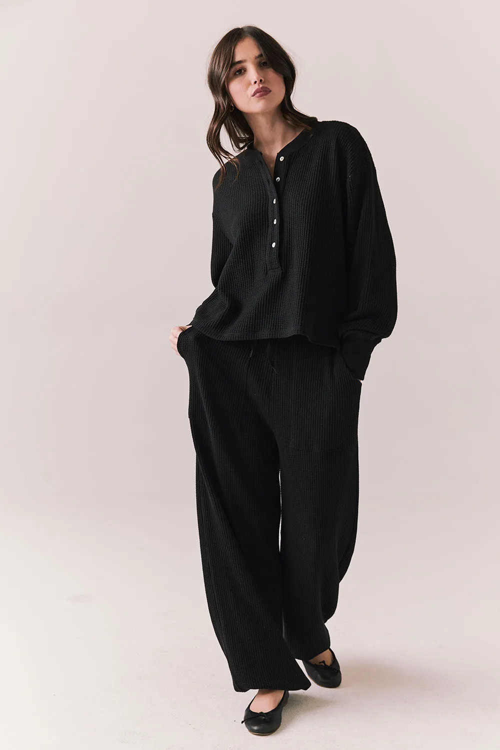 Thayne Long Sleeve – Cropped Henley in True Black sold by Chaser