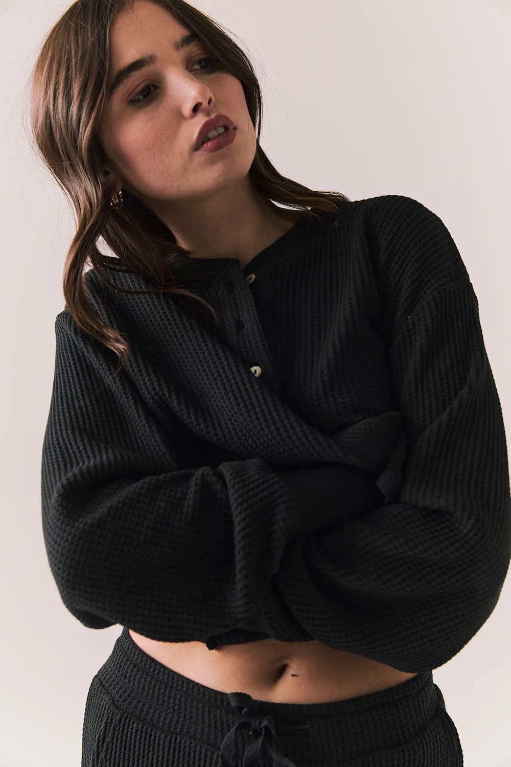 Thayne Long Sleeve – Cropped Henley in True Black sold by Chaser product image thumbnail 5