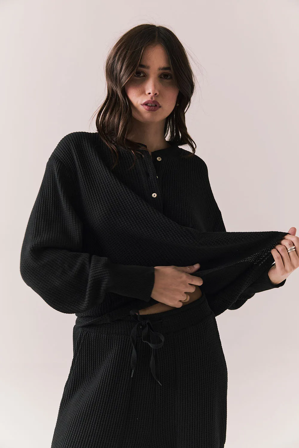 Thayne Long Sleeve – Cropped Henley in True Black sold by Chaser product image thumbnail 3