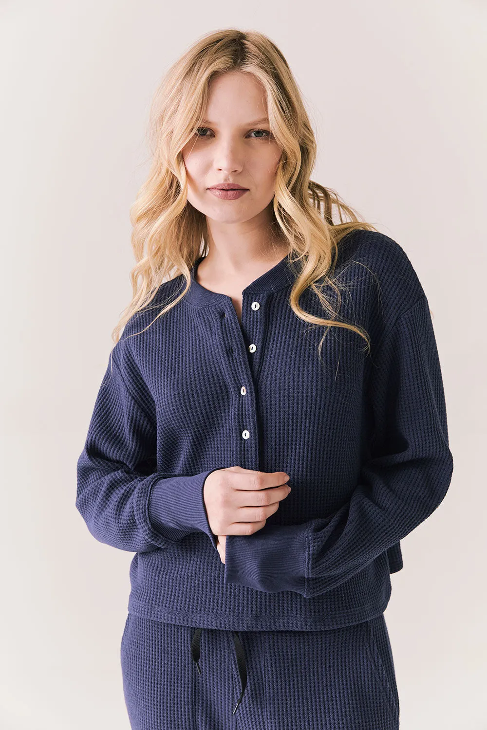Thayne Midnight Blue Long Sleeve – Cropped Thermal Henley Top sold by Chaser product image thumbnail 3