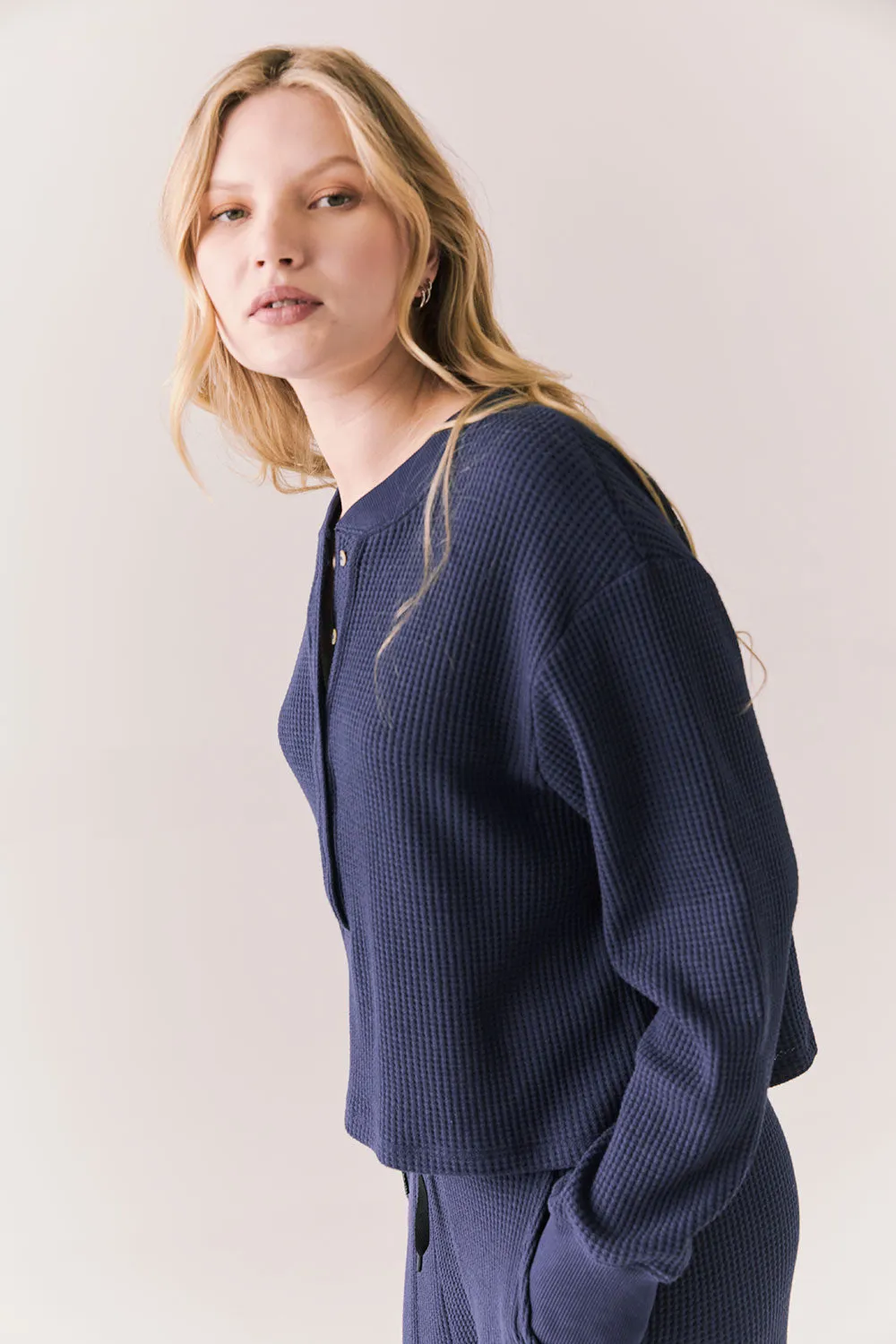 Thayne Midnight Blue Long Sleeve – Cropped Thermal Henley Top sold by Chaser product image thumbnail 4