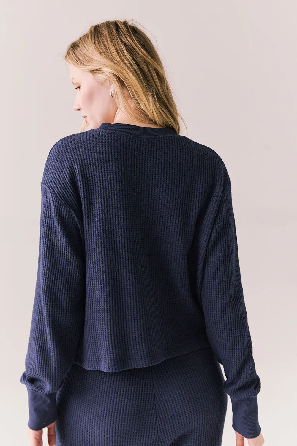 Thayne Midnight Blue Long Sleeve – Cropped Thermal Henley Top sold by Chaser product image thumbnail 5