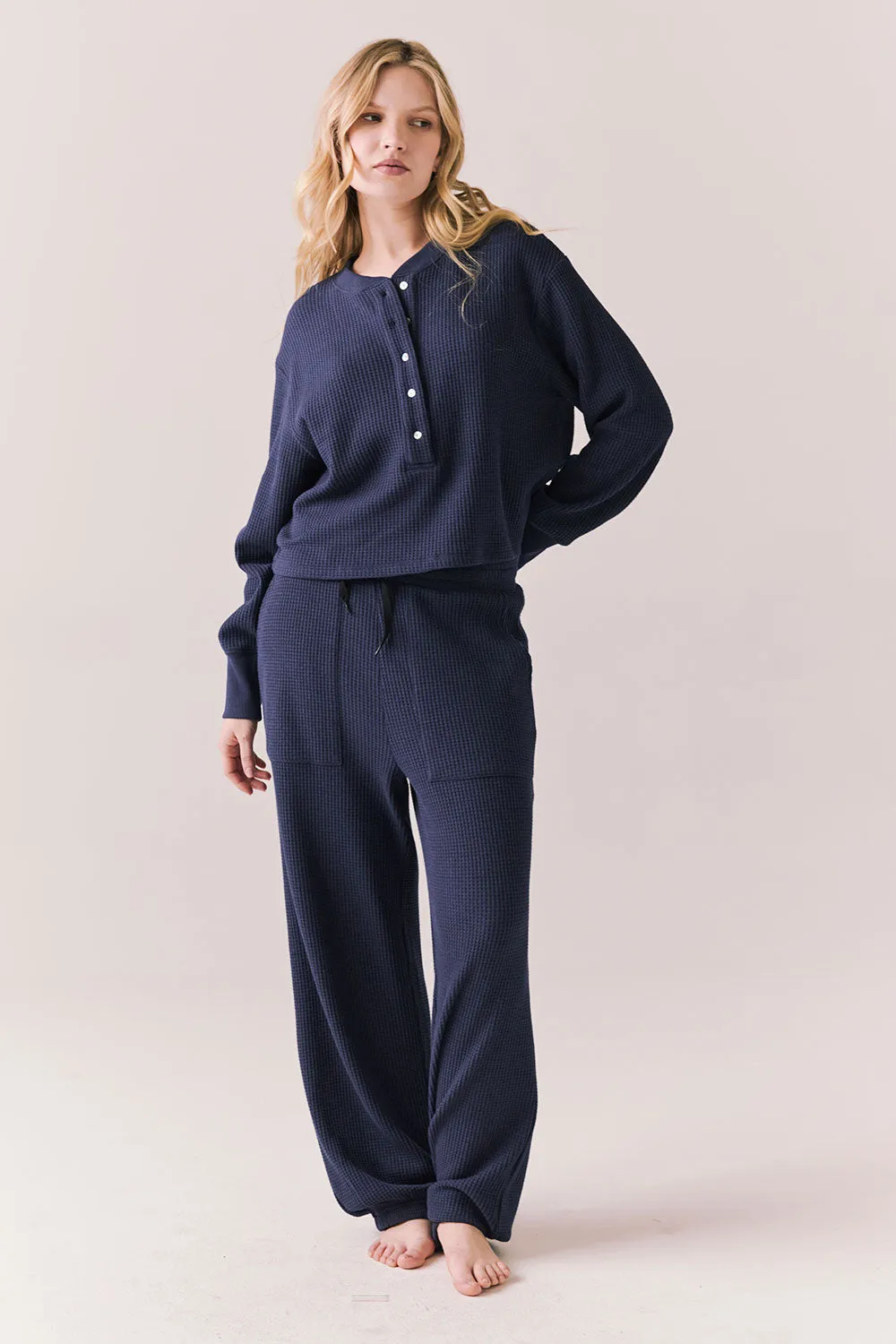 Thayne Midnight Blue Long Sleeve – Cropped Thermal Henley Top sold by Chaser