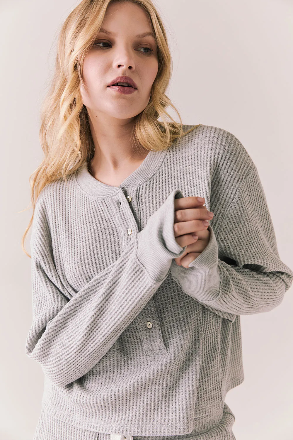 Thayne Heather Grey Long Sleeve – Cropped Thermal Henley Top sold by Chaser product image thumbnail 3