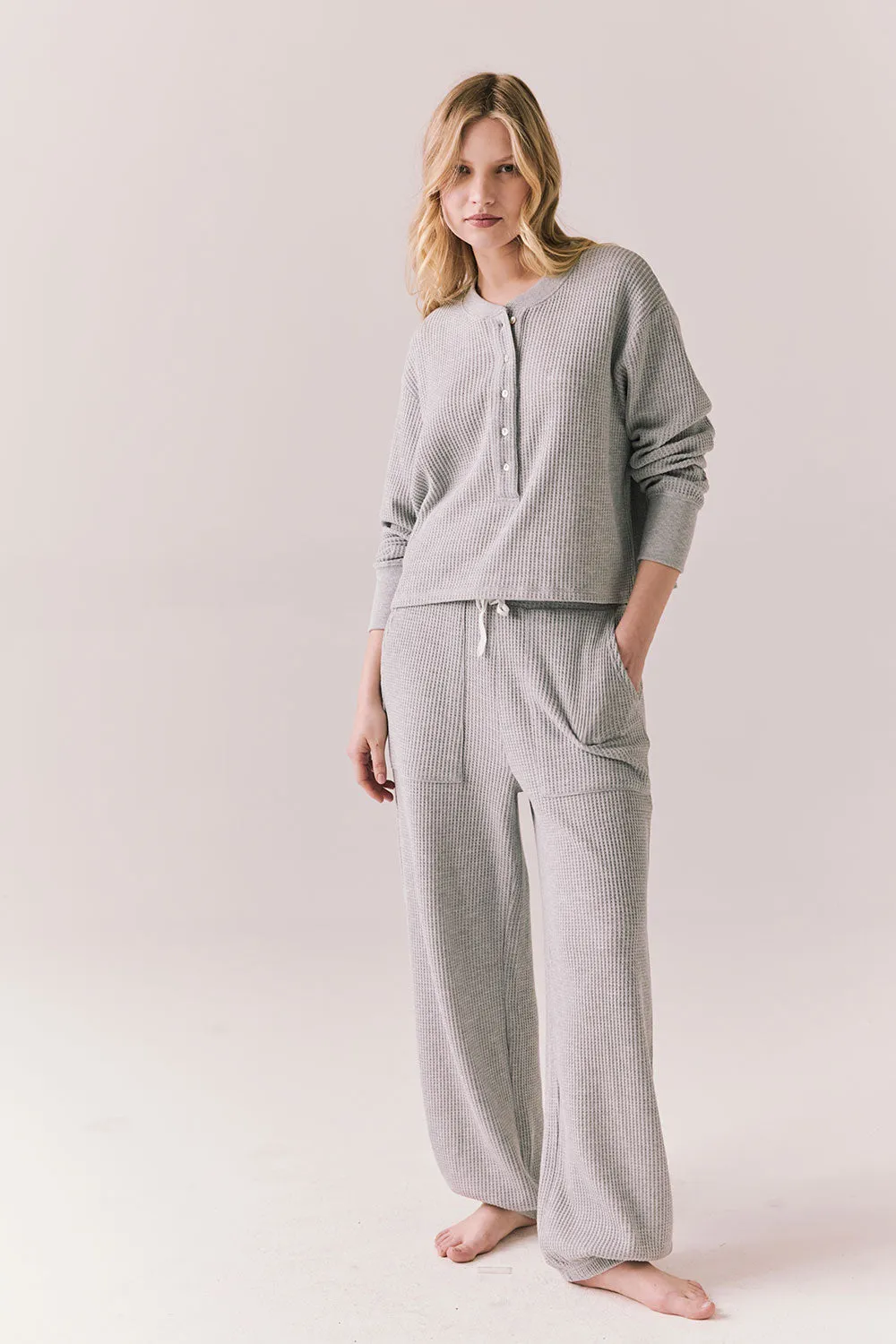 Thayne Heather Grey Long Sleeve – Cropped Thermal Henley Top sold by Chaser