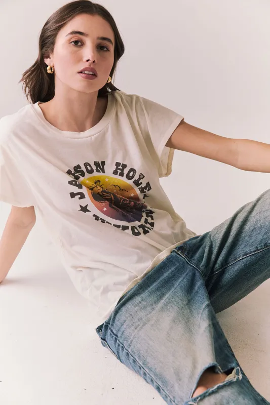 Jackson Hole Sunset Tee – Vintage Scenic Tee in White sold by Chaser