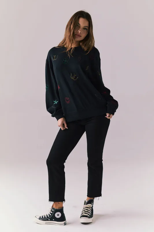 Allover Icons Long Sleeve – Graphic Black Top with Icon Prints sold by Chaser