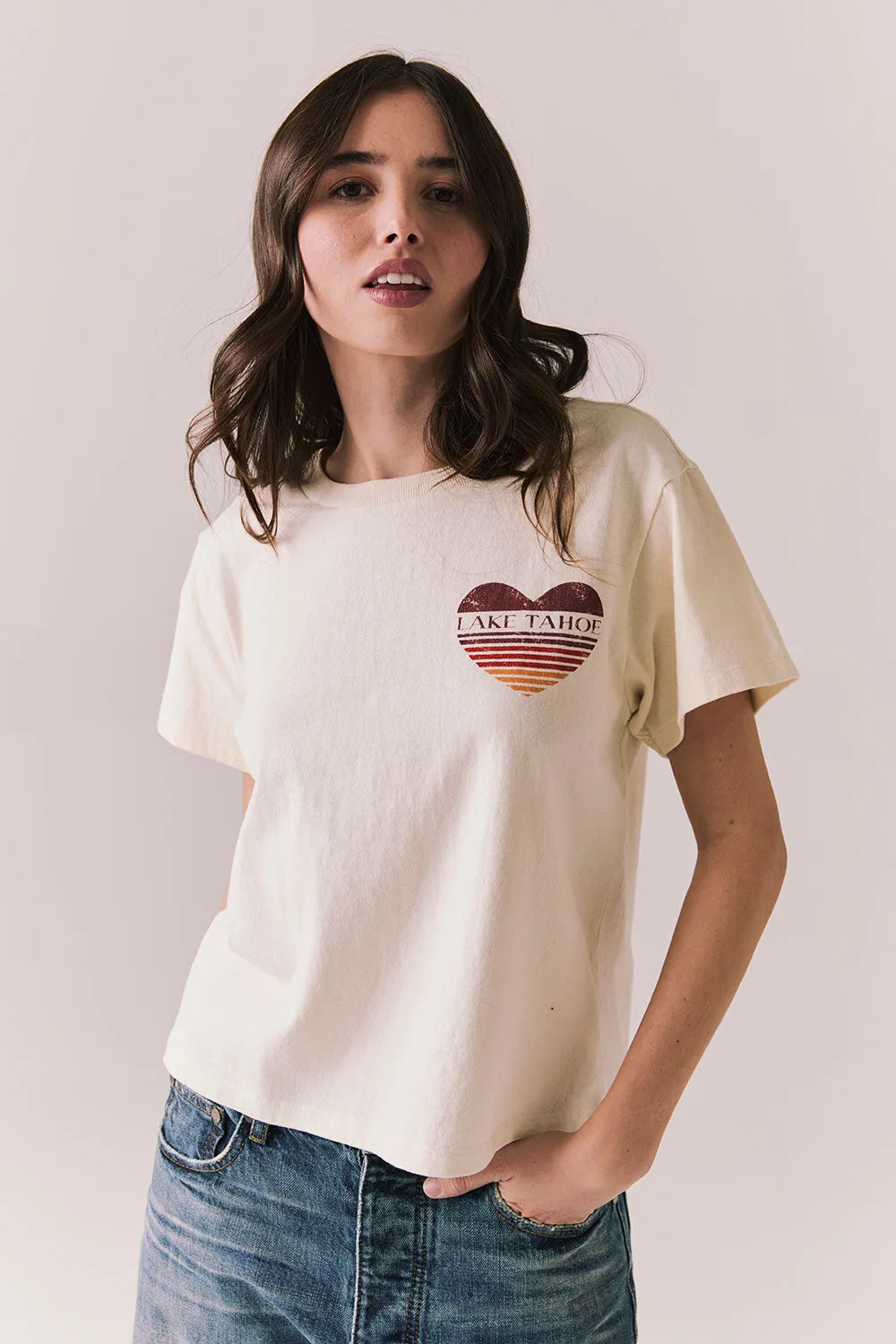 Lake Tahoe Ombre Tee – Gradient Graphic Top in Starry White sold by Chaser