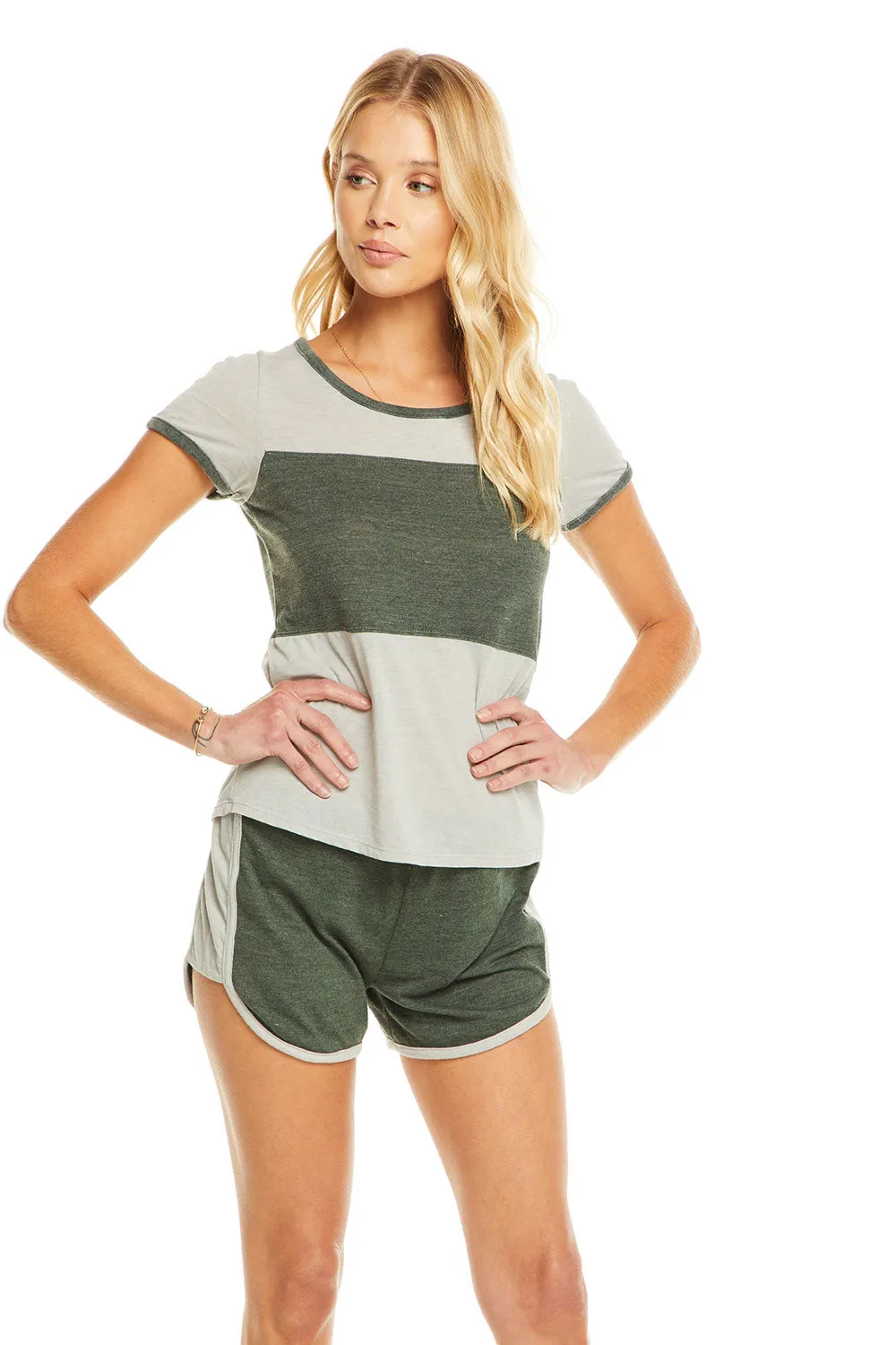 Blocked Jersey Open Neck Foggy Gray with Green Stripes Football Tee sold by Chaser product image thumbnail 3