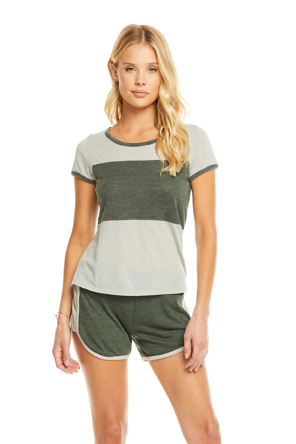 Blocked Jersey Open Neck Foggy Gray with Green Stripes Football Tee sold by Chaser