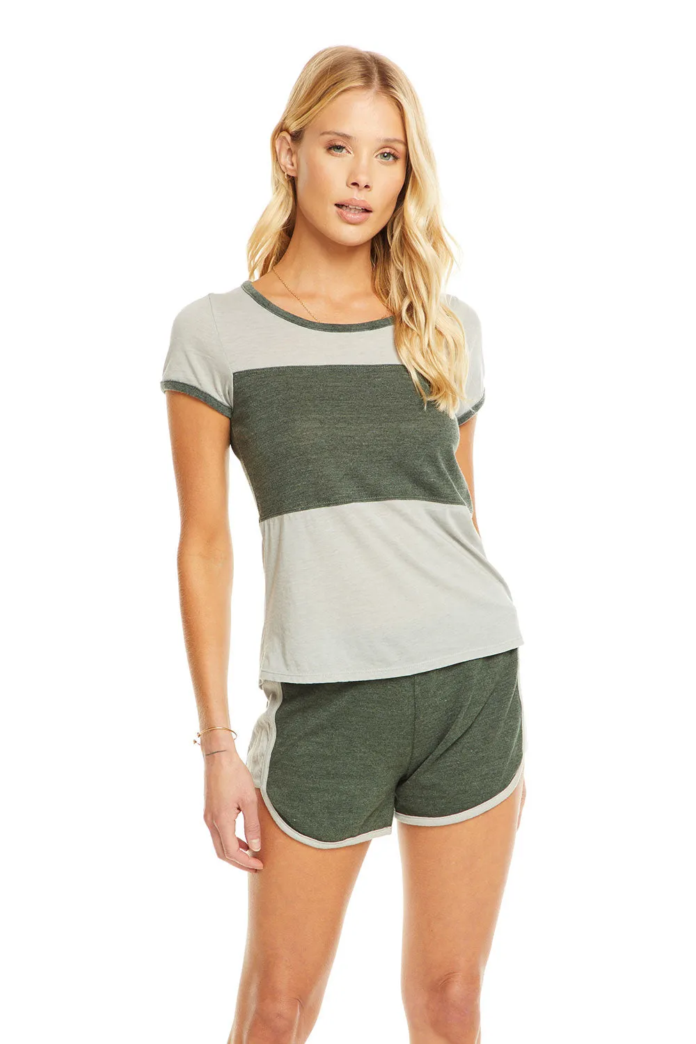 Blocked Jersey Open Neck Foggy Gray with Green Stripes Football Tee sold by Chaser product image thumbnail 2