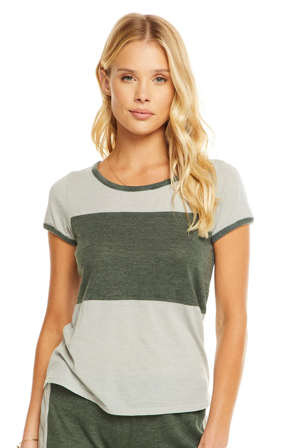 Blocked Jersey Open Neck Foggy Gray with Green Stripes Football Tee sold by Chaser product image thumbnail 4