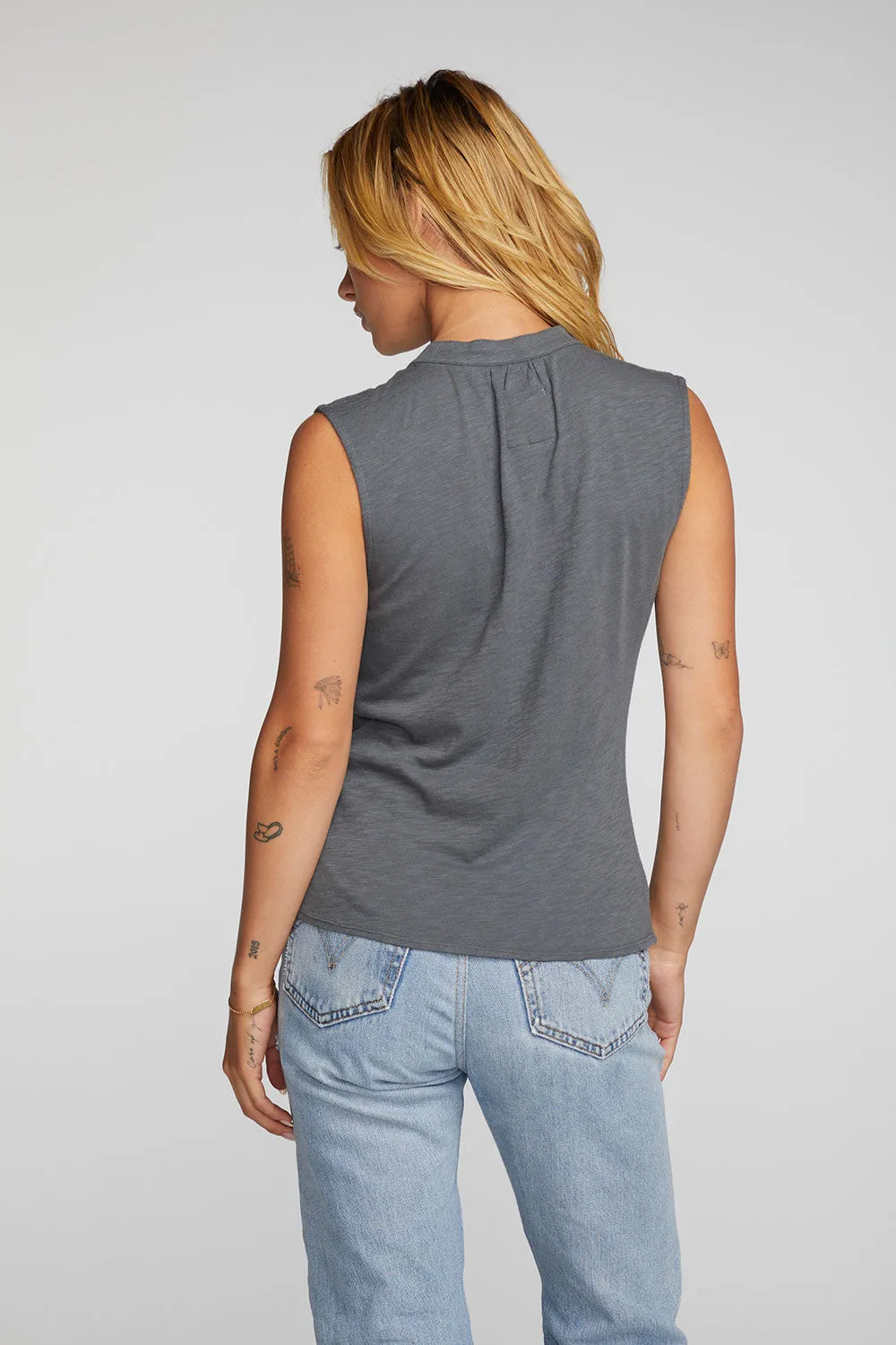 Gauze Jersey Snap Down Charcoal Grey Tank with Shirring sold by Chaser product image thumbnail 2
