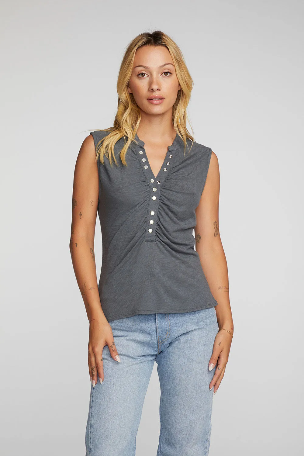 Gauze Jersey Snap Down Charcoal Grey Tank with Shirring sold by Chaser product image thumbnail 3