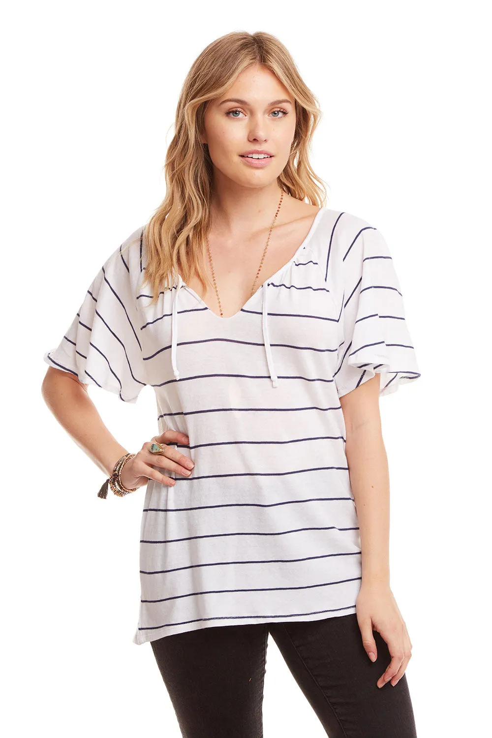 Gauzy Cotton Tie Front Short Sleeve Flouncy Hi Lo Henley sold by Chaser product image thumbnail 2