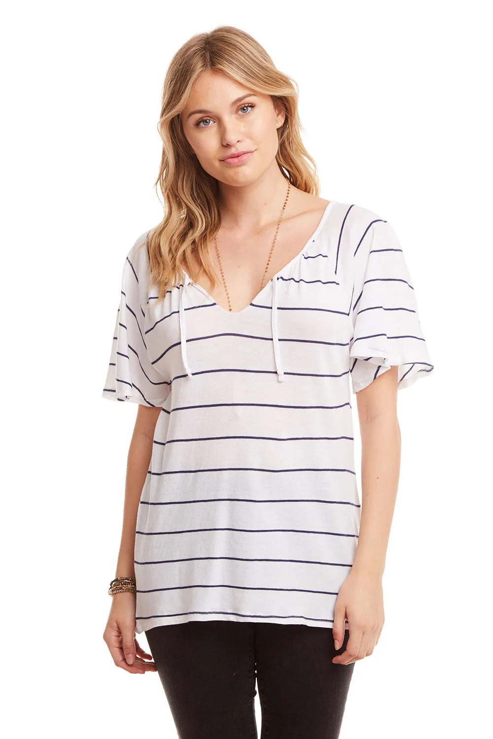 Gauzy Cotton Tie Front Short Sleeve Flouncy Hi Lo Henley sold by Chaser