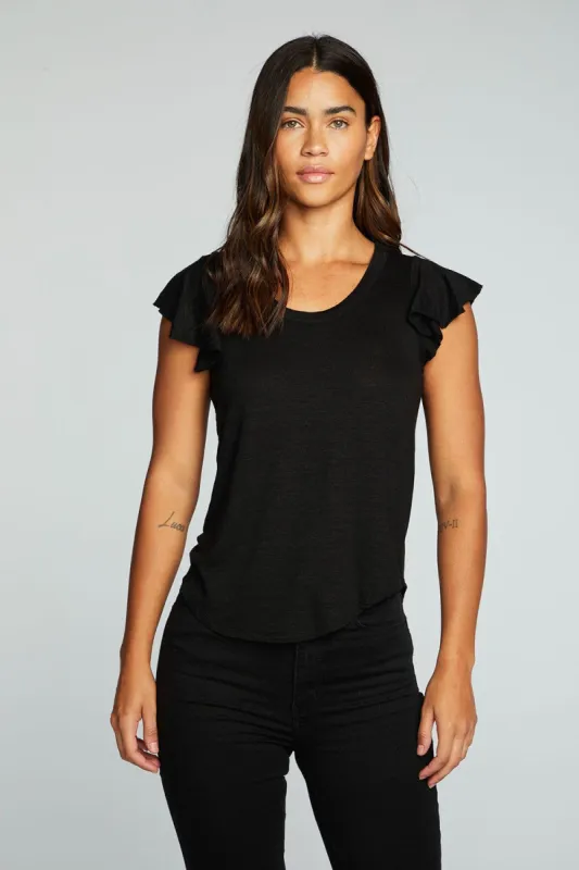 Linen Jersey Scoop Neck Flutter Sleeve Shirttail Tee sold by Chaser