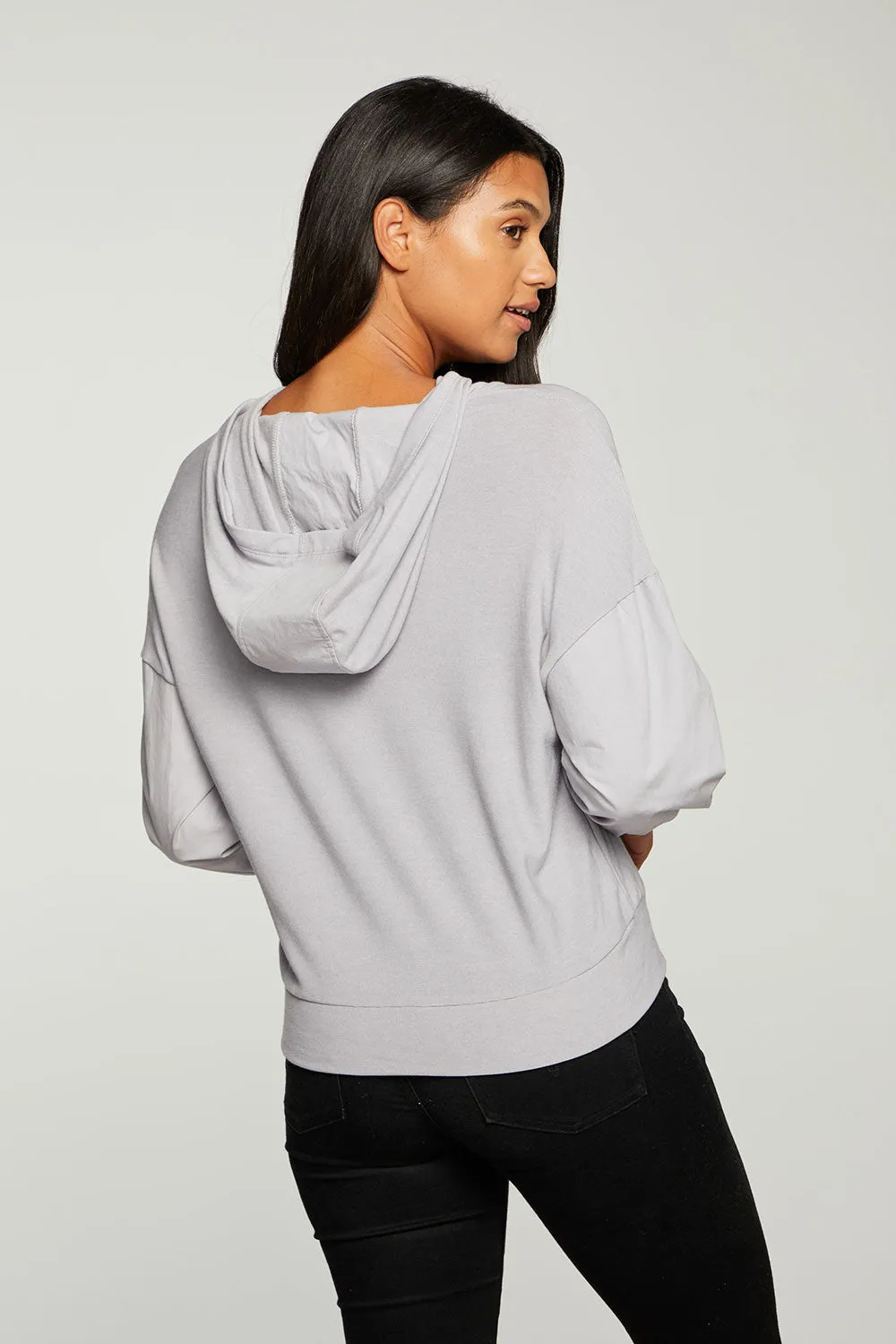 Recycled Cozy Knit Mixed Poplin Blouson Sleeve Pullover sold by Chaser product image thumbnail 3