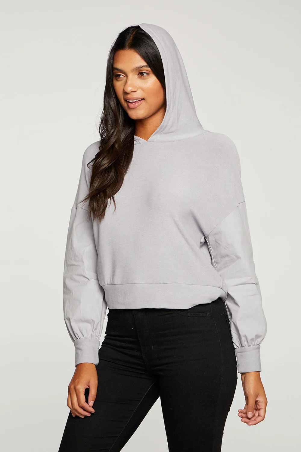 Recycled Cozy Knit Mixed Poplin Blouson Sleeve Pullover sold by Chaser product image thumbnail 2