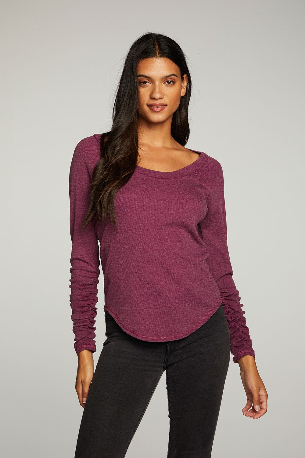 Recycled Vintage Rib Shirred Long Sleeve Scoop Neck Shirttail Tee sold by Chaser product image thumbnail 4