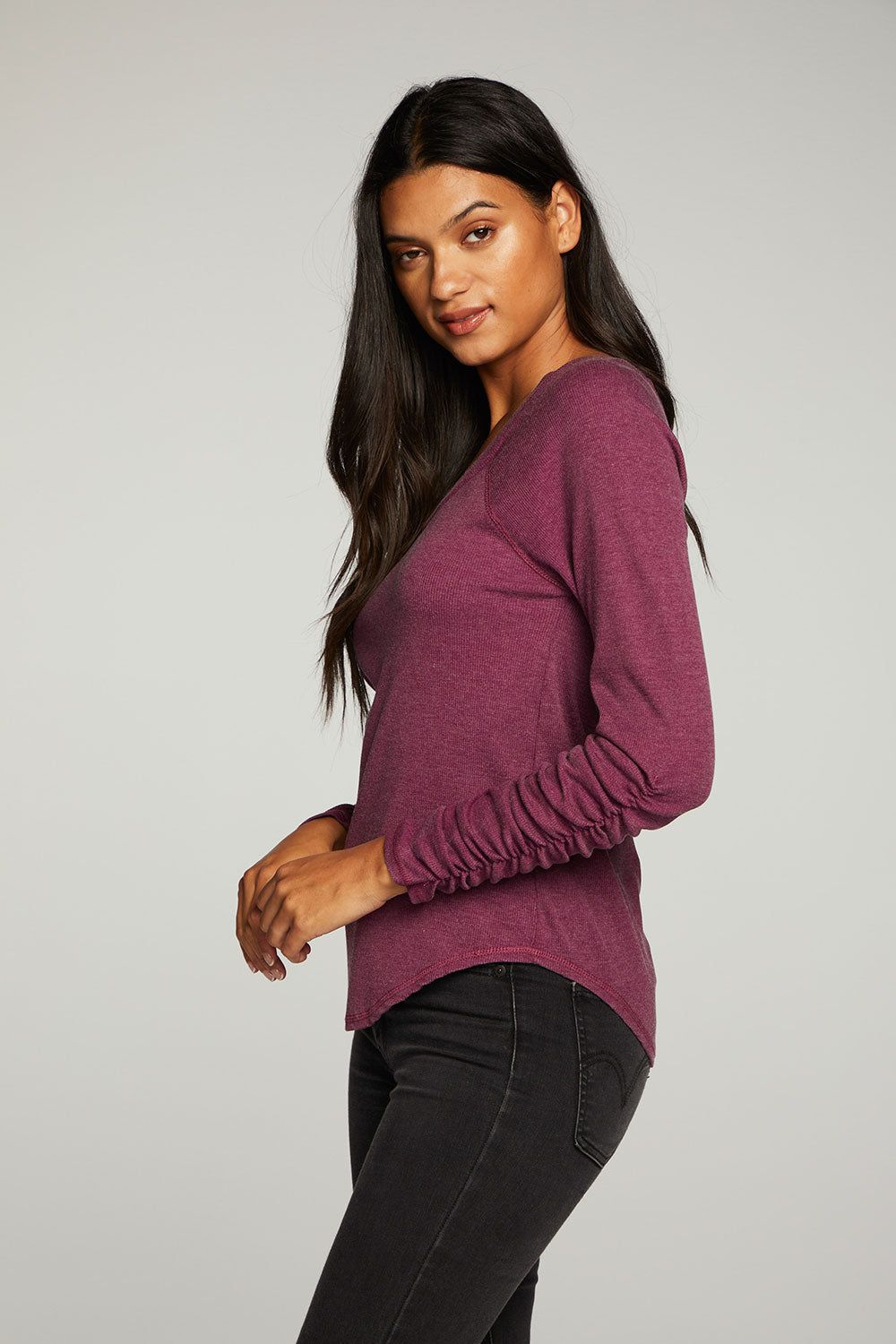 Recycled Vintage Rib Shirred Long Sleeve Scoop Neck Shirttail Tee sold by Chaser product image thumbnail 2