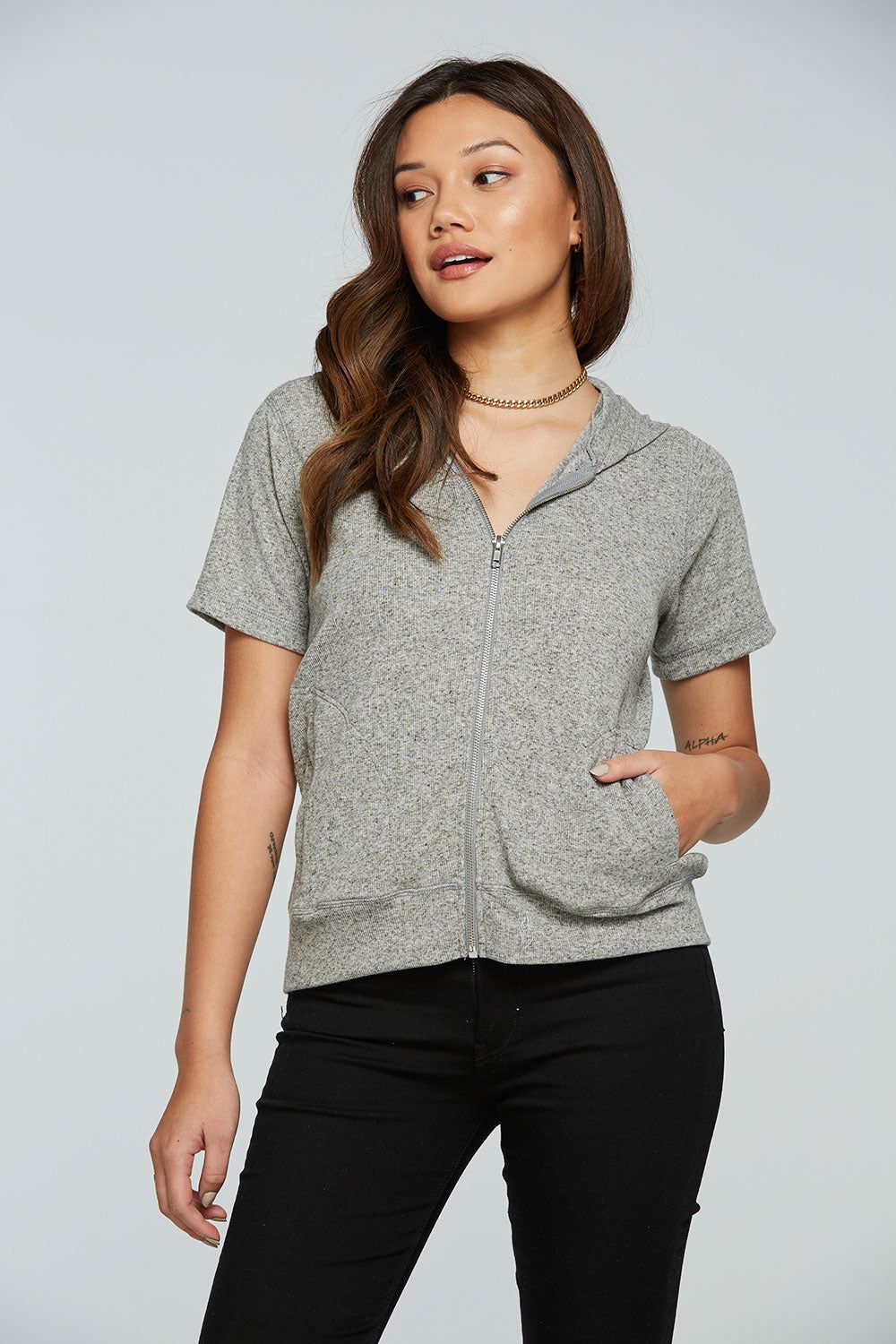 Linen Rib Short Sleeve Zip Up Hoodie sold by Chaser product image thumbnail 5