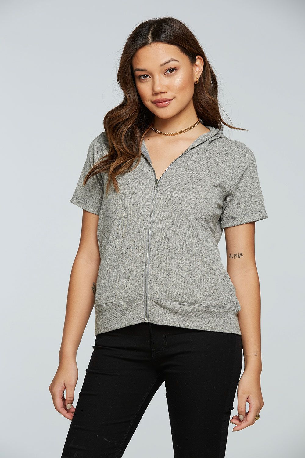 Linen Rib Short Sleeve Zip Up Hoodie sold by Chaser