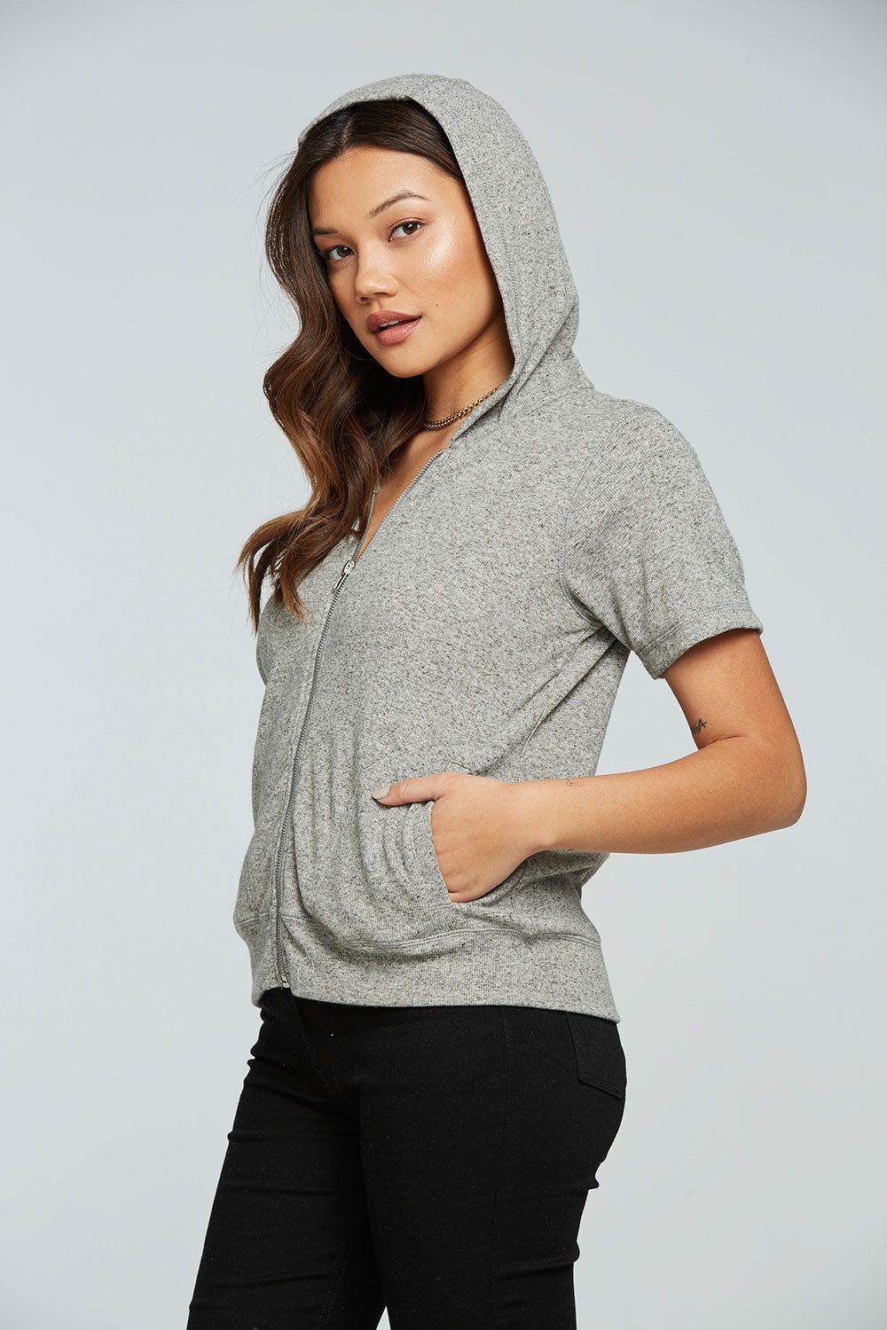 Linen Rib Short Sleeve Zip Up Hoodie sold by Chaser product image thumbnail 2