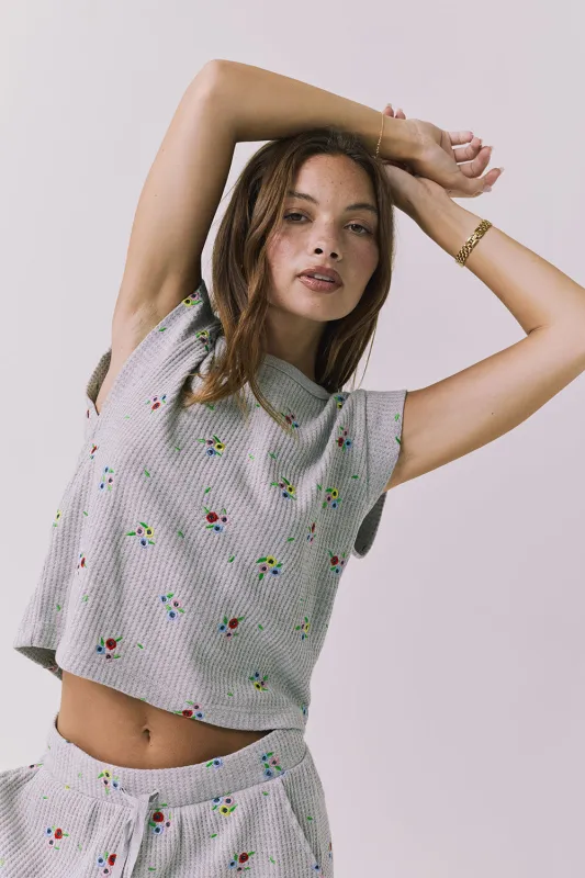 Frankee Heather Grey Ditsy Embroidery Tee sold by Chaser