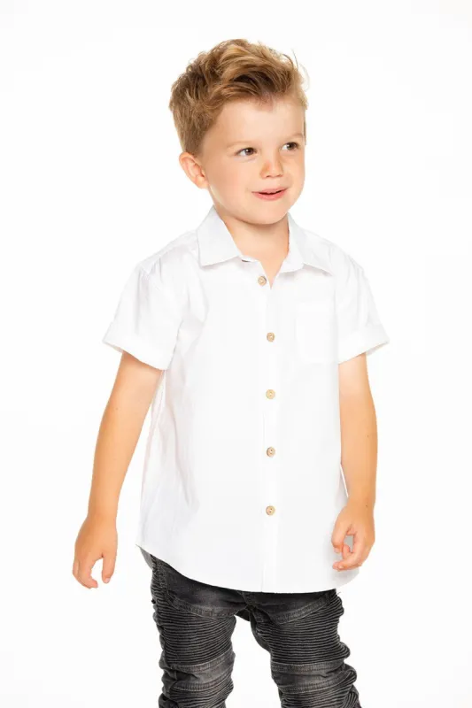Boys Cotton Poplin Short Sleeve Button Down Shirt in White sold by Chaser