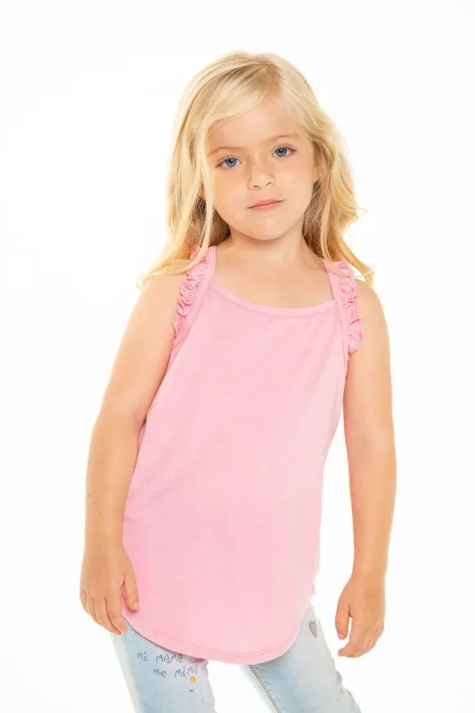 Recycled Vintage Jersey Ruffle Racerback Tank in Carnation Pink sold by Chaser