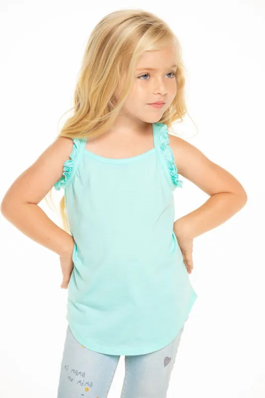 Recycled Vintage Jersey Ruffle Racerback Tank in Tiffany Blue sold by Chaser